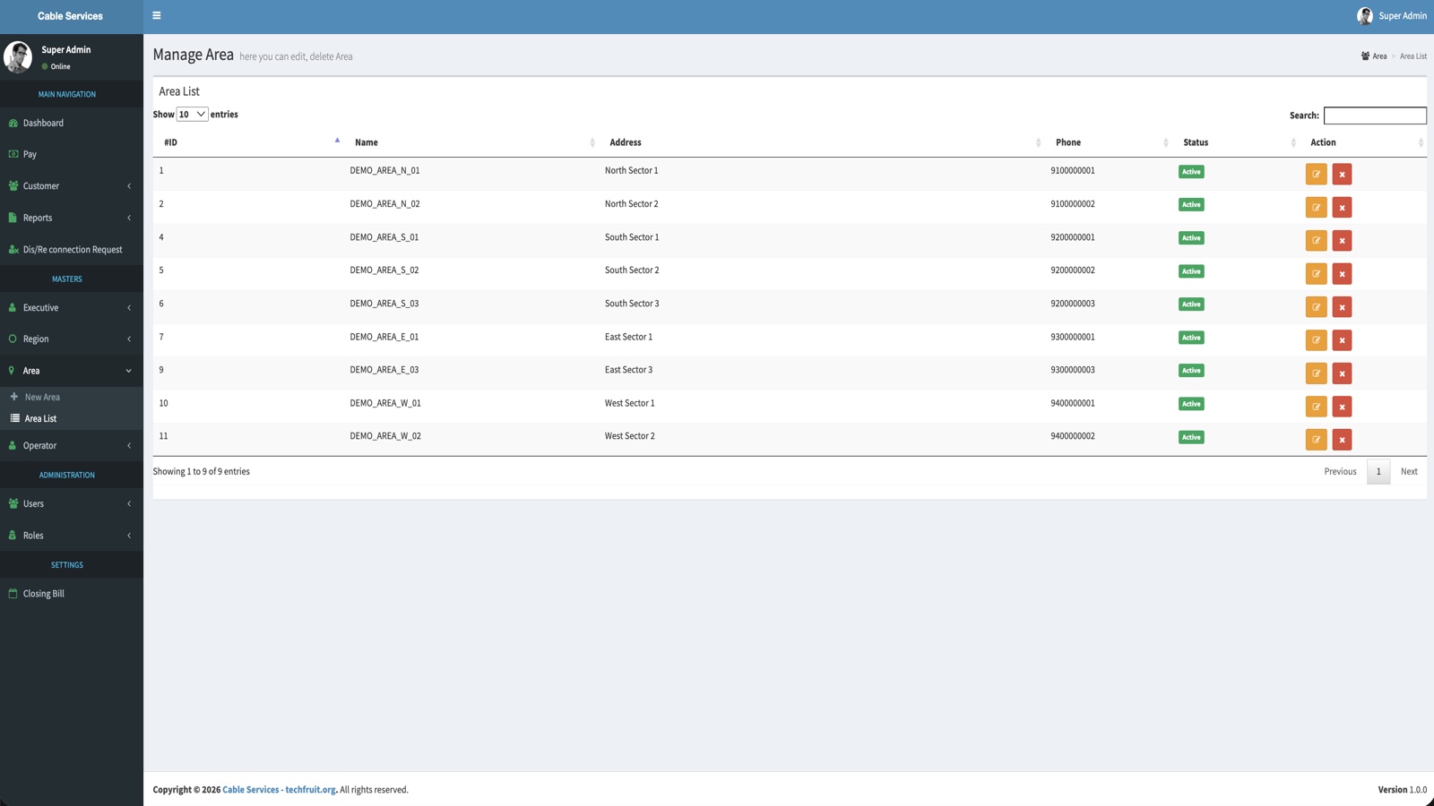 Area master list screenshot
