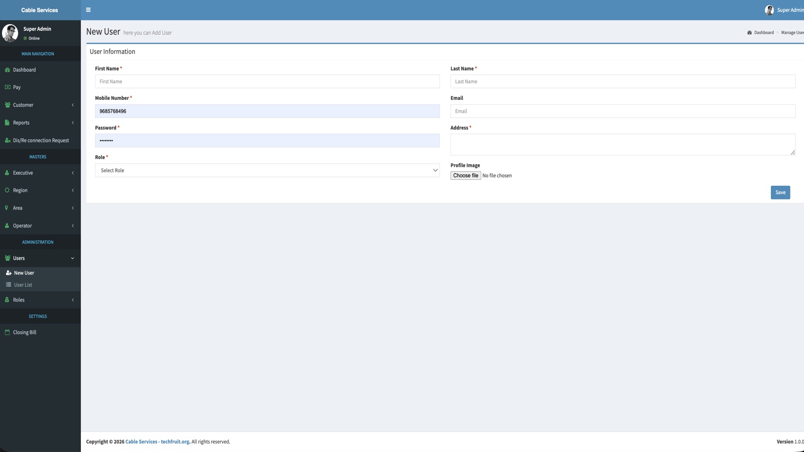 New user form screenshot