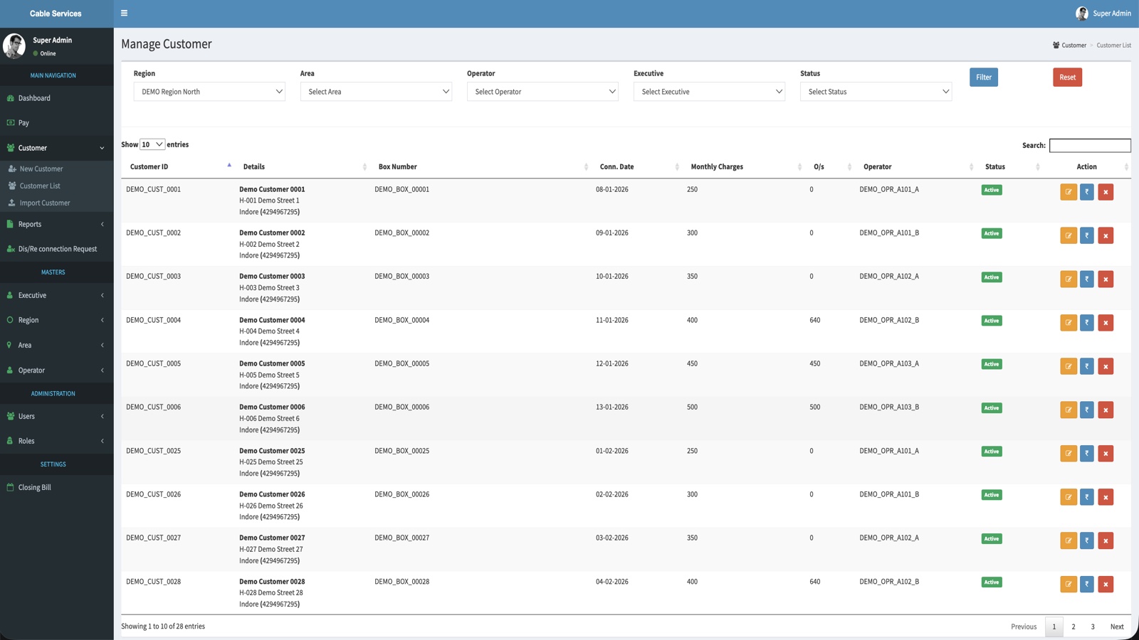 Customer list management screenshot