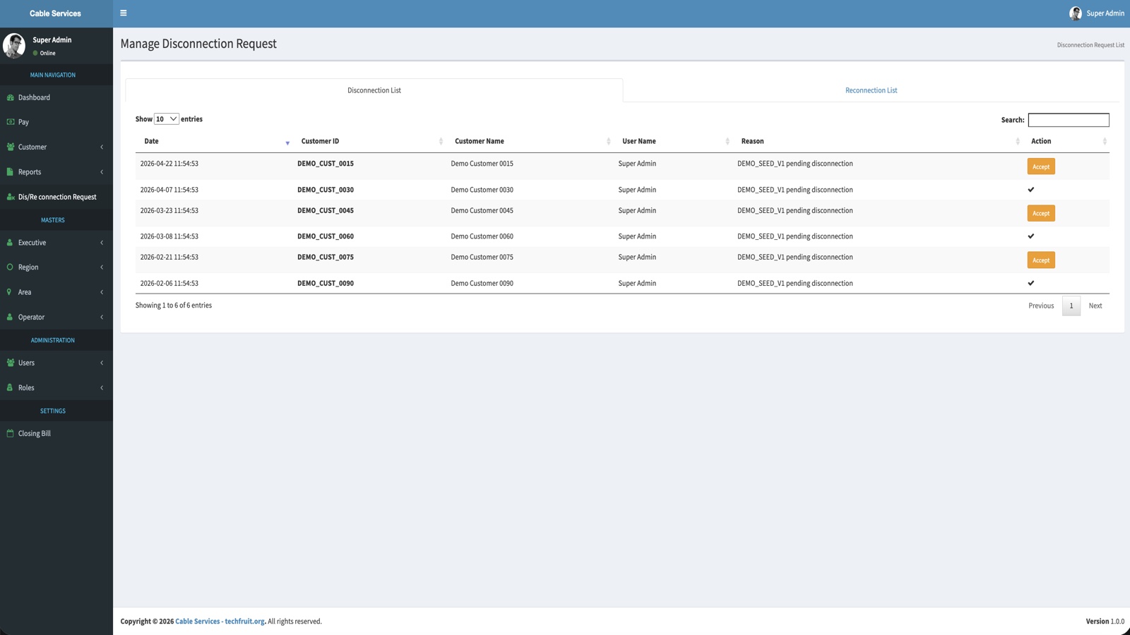 Disconnection request list screenshot