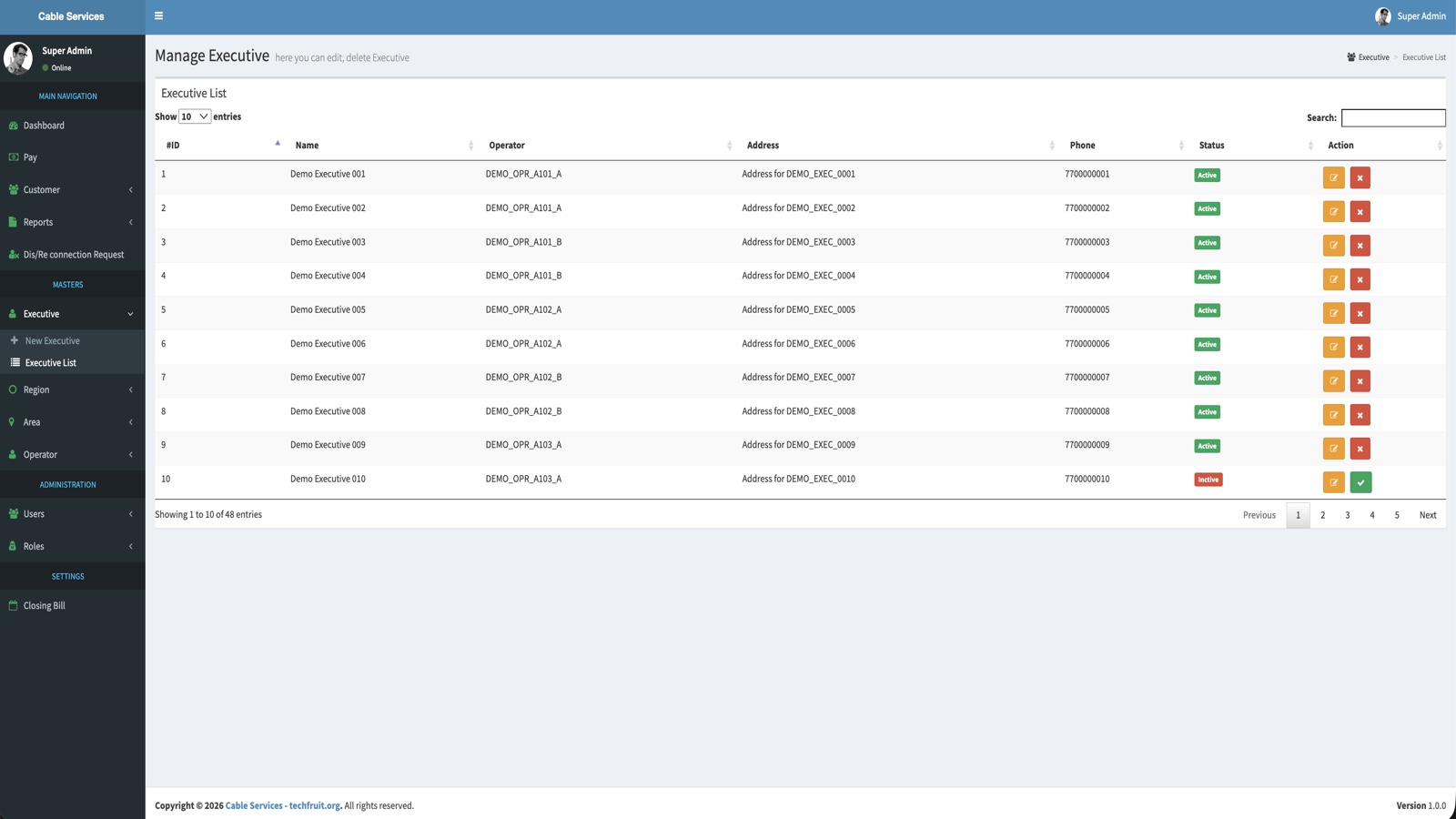Executive master list screenshot